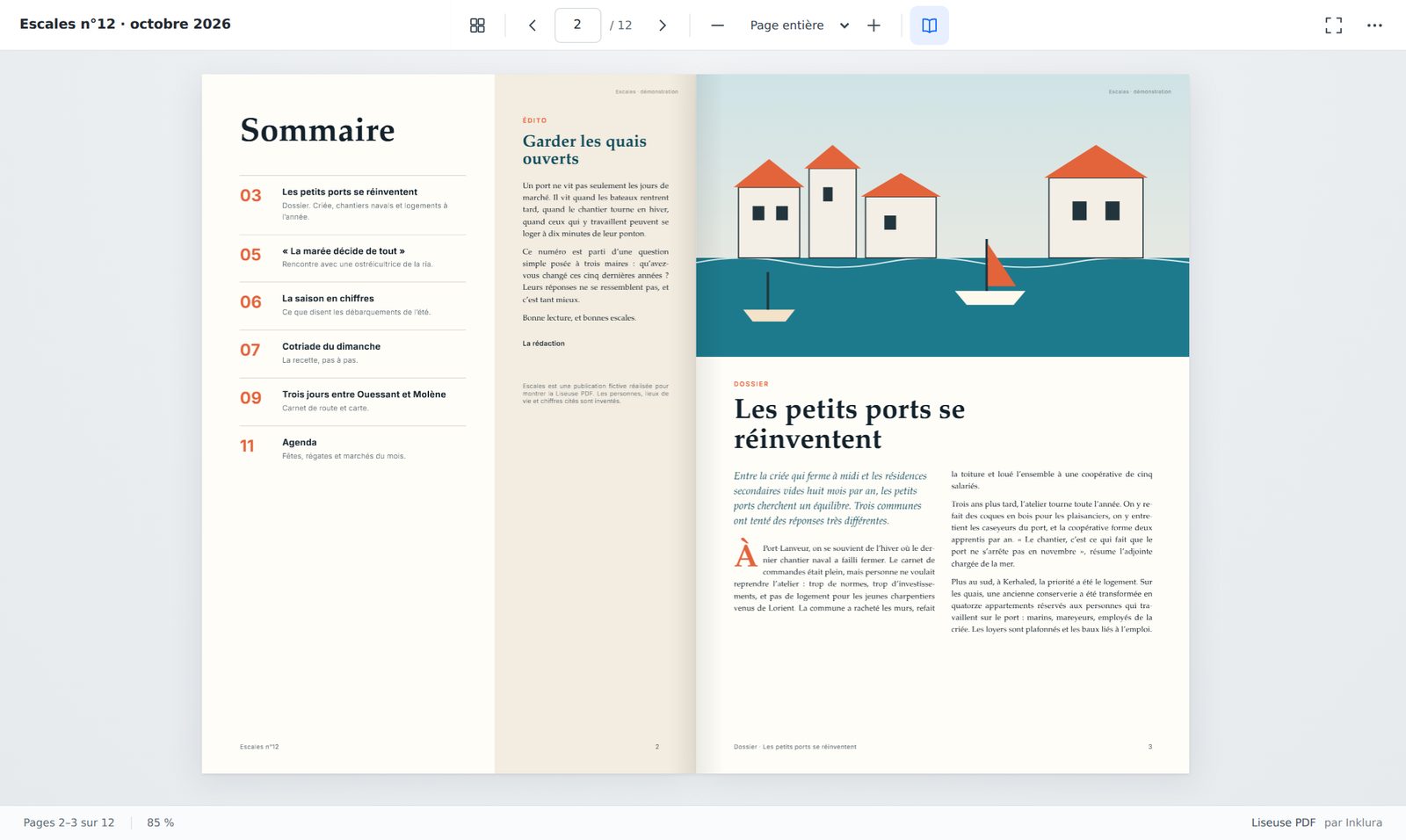 Le magazine de démonstration Escales ouvert en double page dans Liseuse PDF